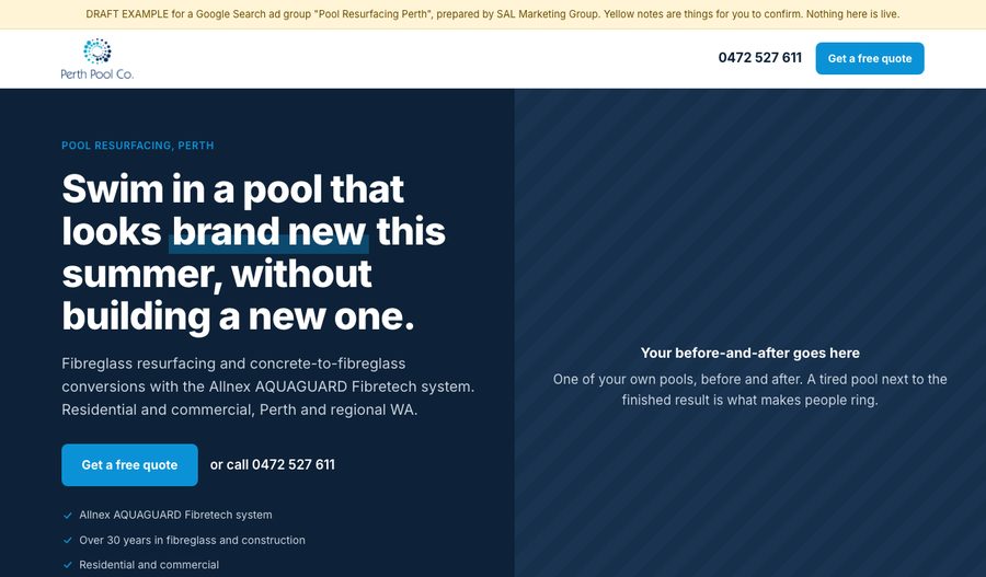 Preview of the Pool Resurfacing Perth landing page
